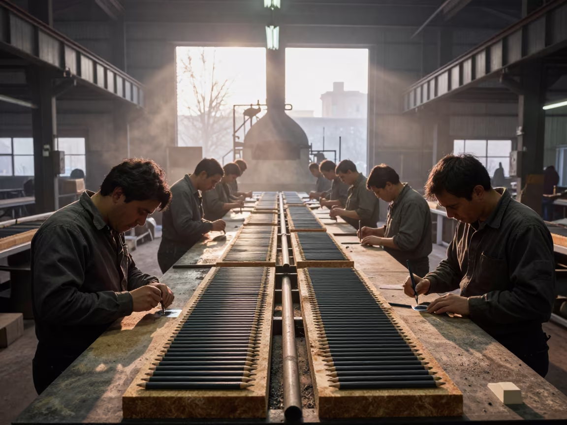 Pencil Factory Graphite Gluing at Dawn in beside a blast furnace near New York