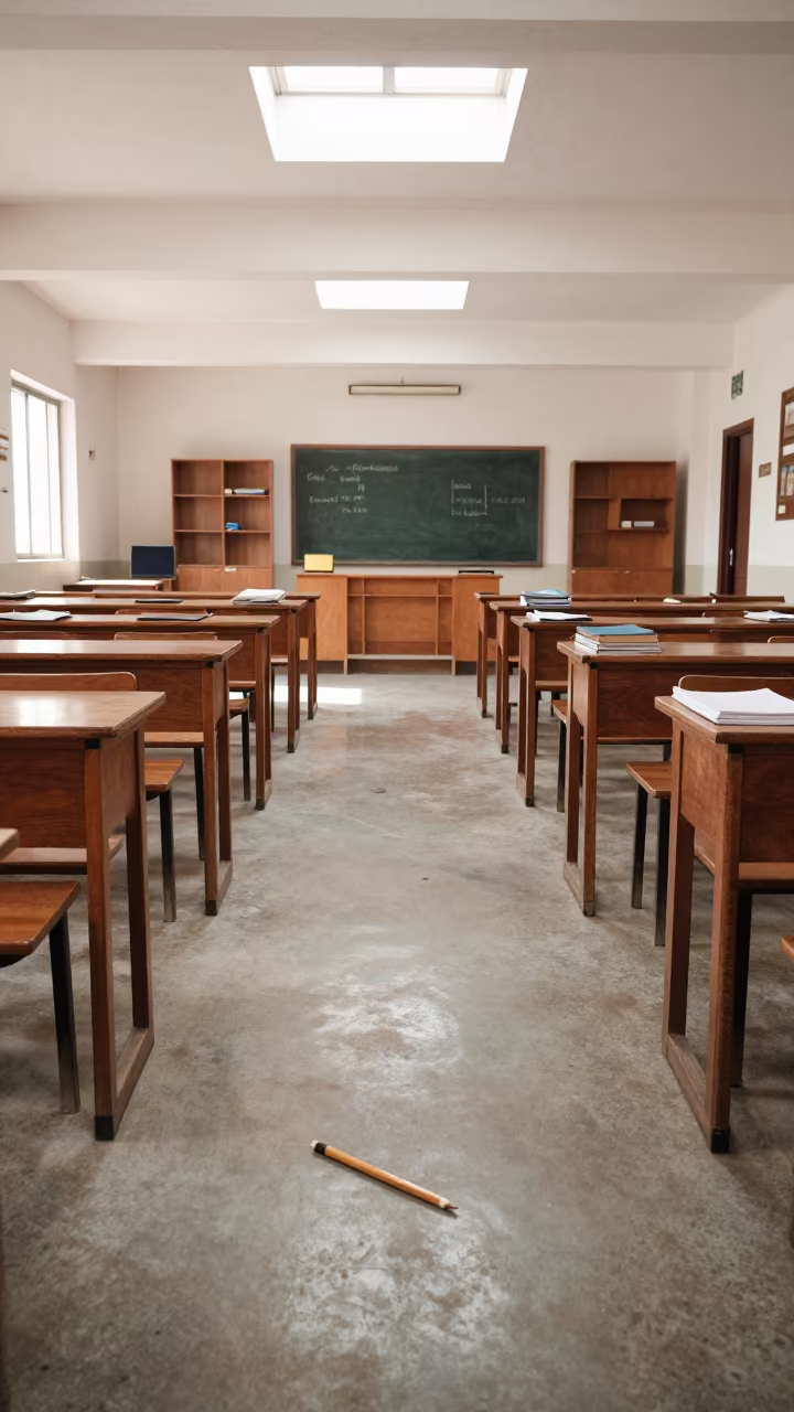 Pencil Rolling on Concrete Floor in Woodshop in in a woodshop classroom near Bhiwani