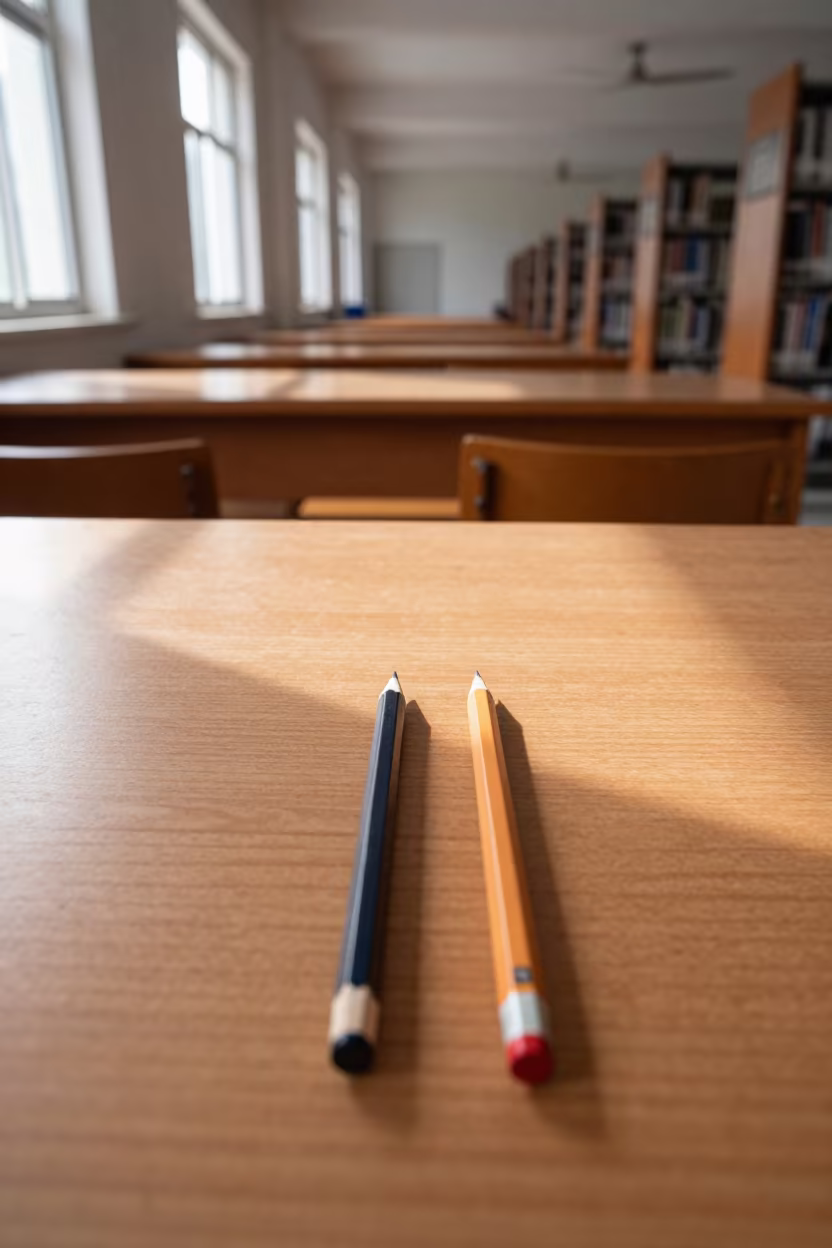 Pencils Aligned on Library Desk in Barishal in inside a campus library reading room in Barishal