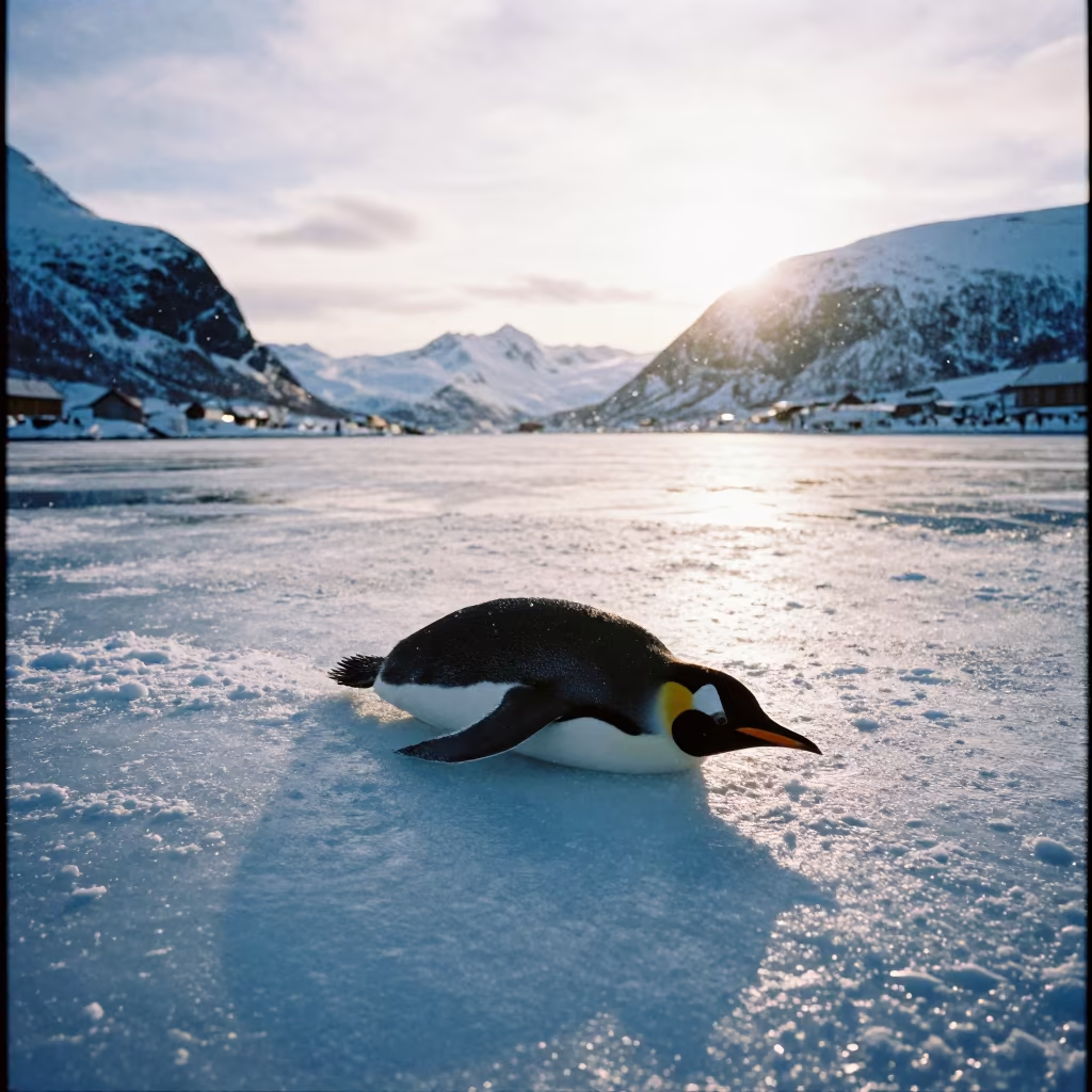 Penguin Sliding on Ice at Oslo Midnight Sun in beside a tidal inlet near Oslo