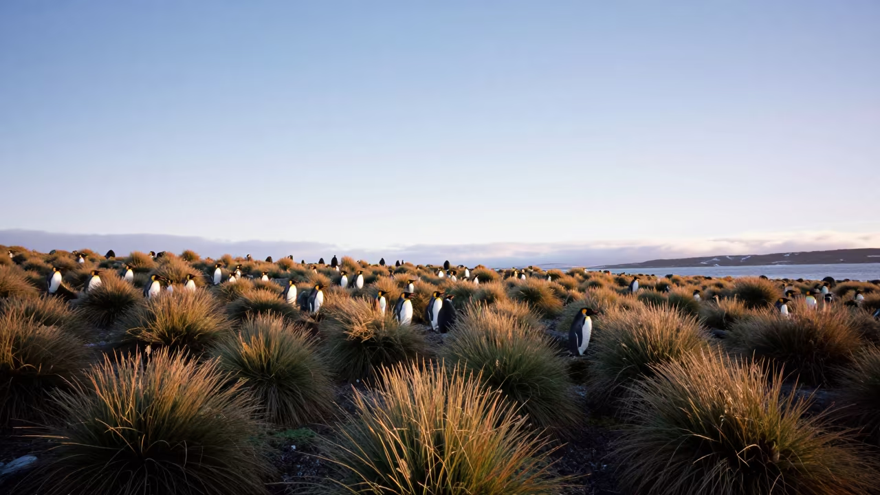 Penguins on Sub-Antarctic Island Before Sunrise in at the edge of a reed bed in Nicaragua