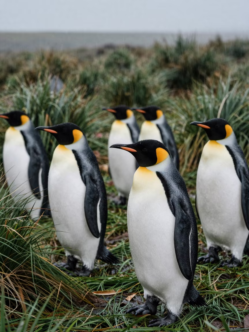 Penguins on Tussock Grass in Alabama Monsoon in in Alabama