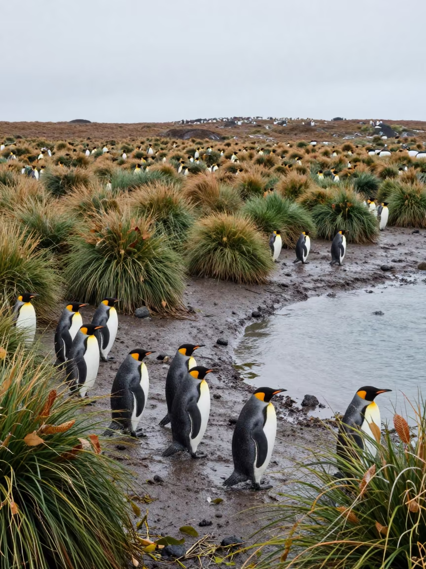Penguins and Tussock Grass at Chennai Inlet in beside a tidal inlet near Chennai