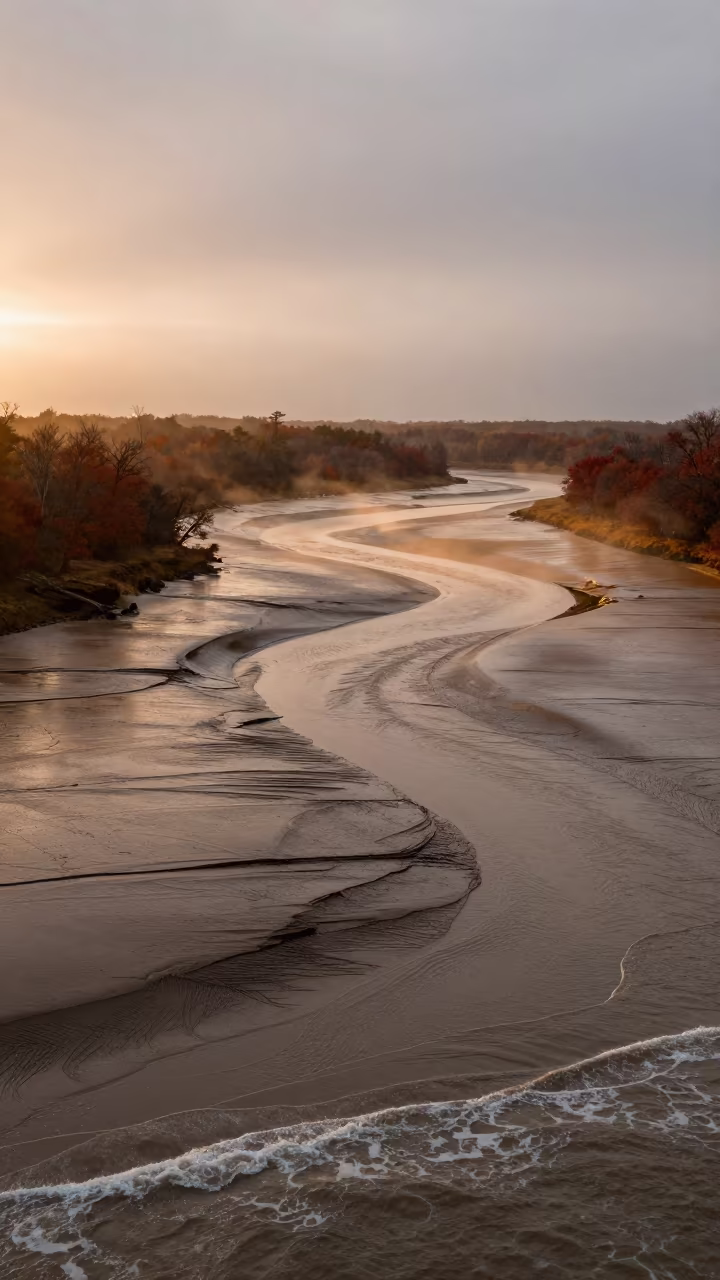 Pennsylvania Estuary Drizzle Evening Light in far above surf-scalloped coastline in Pennsylvania