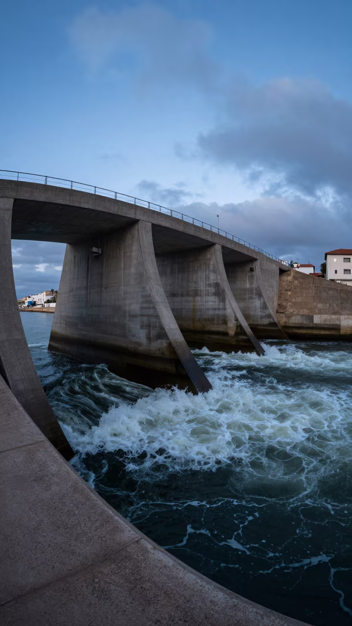 Penstock Bend Steel Blue Evening Light Oujda in along concrete walls above turbulent water near Oujda