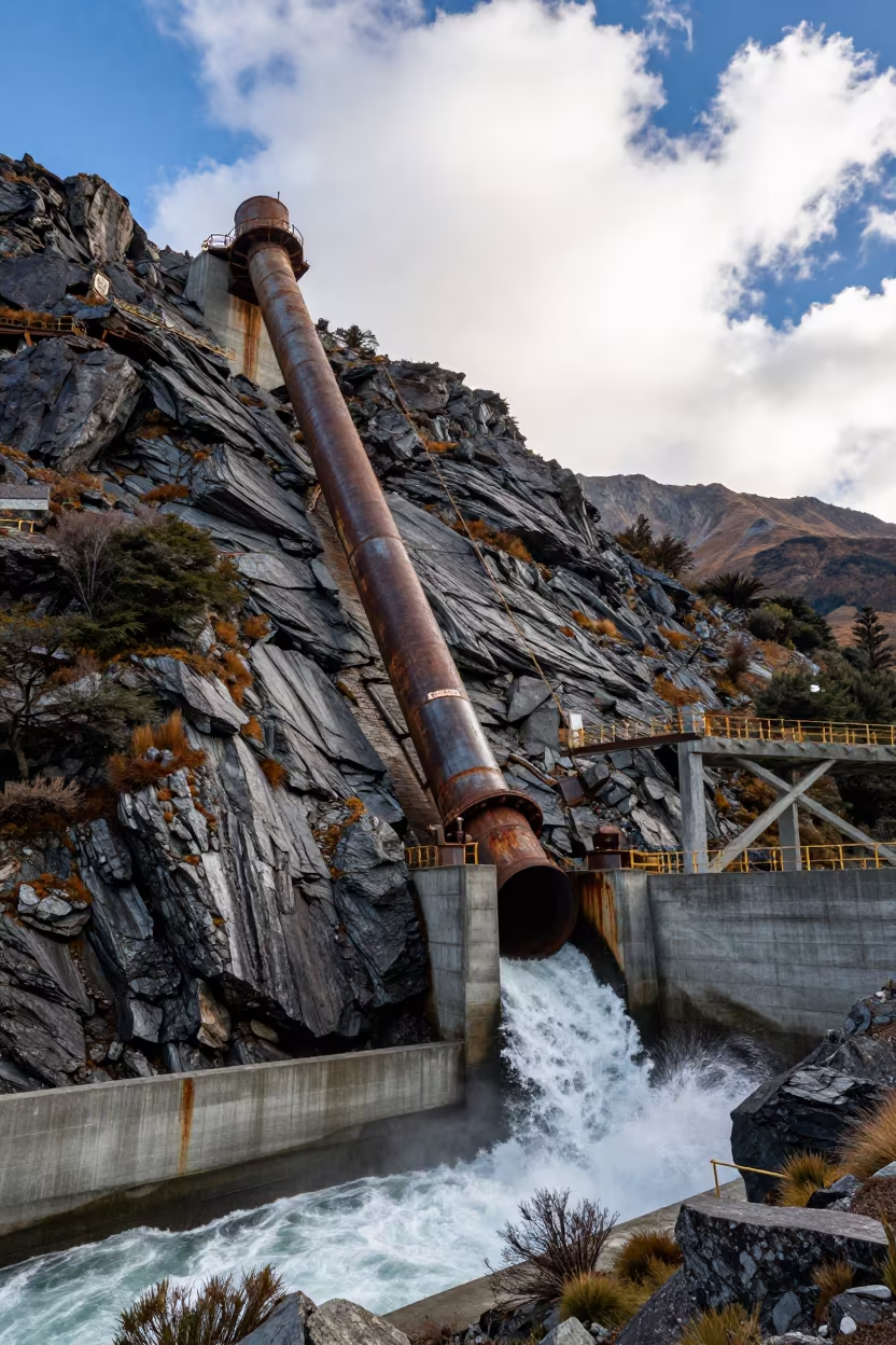 Penstock Descending Patagonian Mountain Flank in above a spillway chute with spray rising in Patagonia