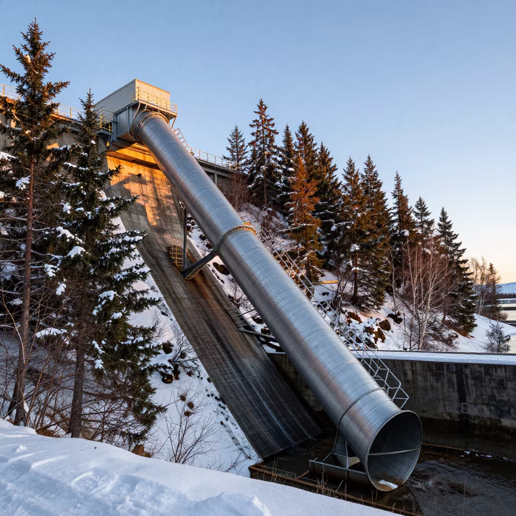 Penstock Drop Through Snowy Conifers at Dusk in along a dam spillway near Old Harbour, Reykjavik