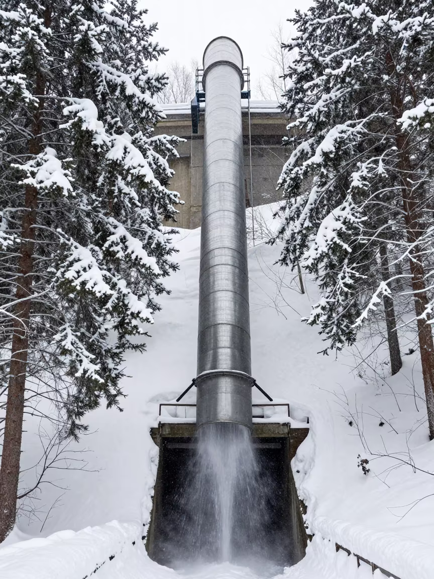 Penstock Dropping Through Snow-Flecked Conifers in above a spillway chute with spray rising near Sapporo