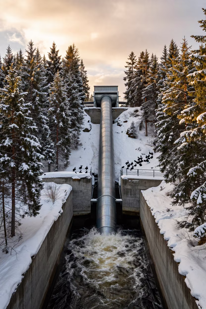Penstock Drops Through Snow Conifers Golden Hour in along concrete walls above turbulent water in Sweden