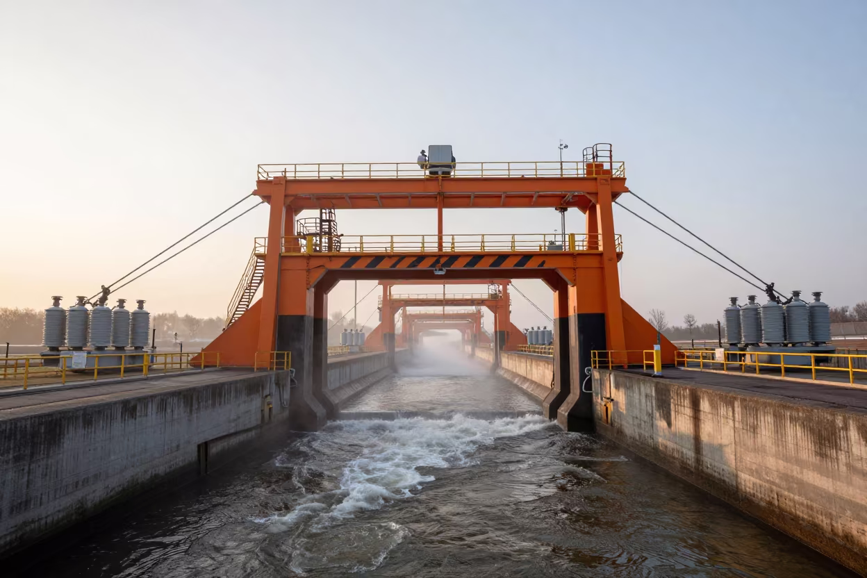 Penstock Intake Spray at Dawn in Aarhus in above a spillway chute with spray rising in Aarhus