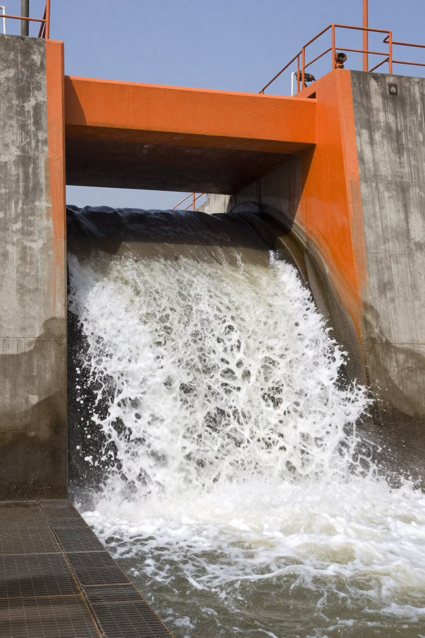 Penstock Intake Spray and Hazard Paint Al-Fashir in along concrete walls above turbulent water near Al-Fashir