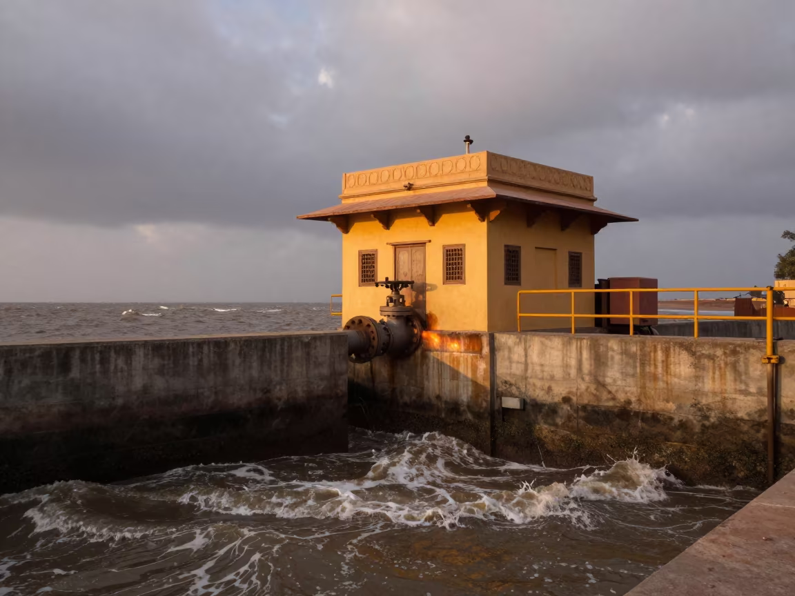 Penstock Valve House Coastal Bluff Evening Light in along concrete walls above turbulent water in Jodhpur