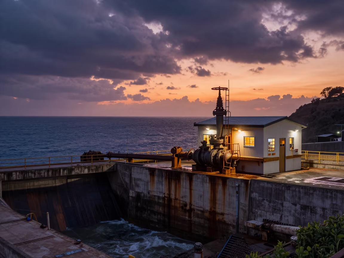 Penstock Valve House Coastal Bluff Sunset Storm Clearing in along a dam spillway in Mazatlan