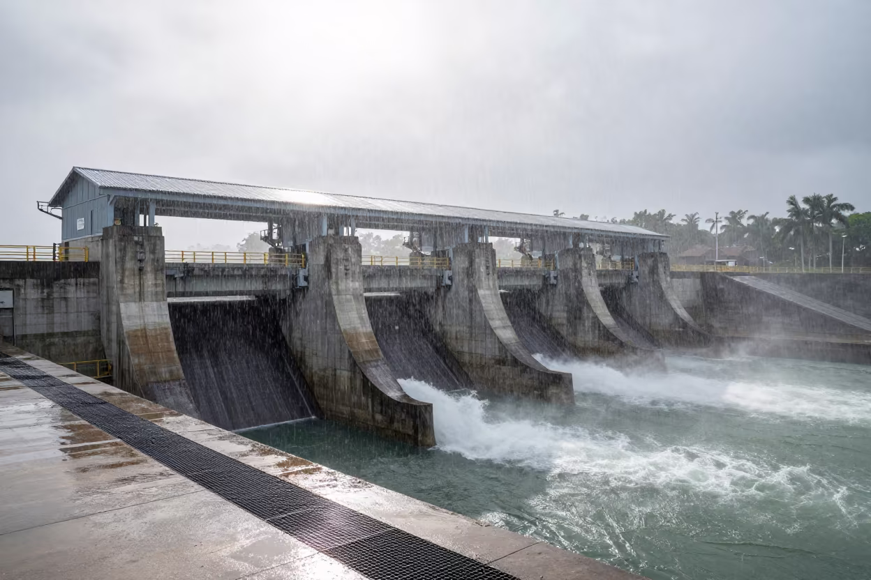 Penstock Valve House Monsoon Spray Florida Noon in above a spillway chute with spray rising in Florida
