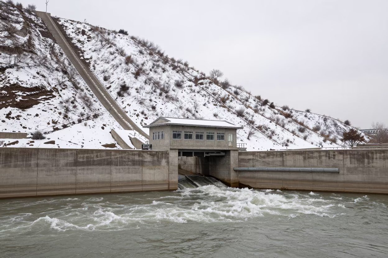 Penstock Valve House on Snowy Rajasthan Slope in along concrete walls above turbulent water in Rajasthan
