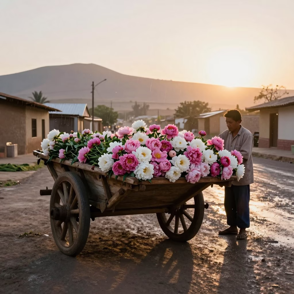 Peony Cart at Dawn in Nazca Village Lane in in a village lane near Nazca