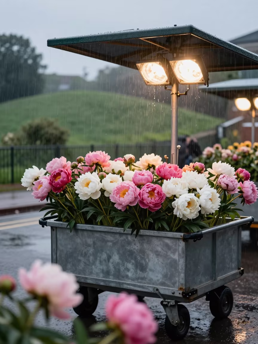 Peony Cart in Dawn Rain East London in on a hillside near East London