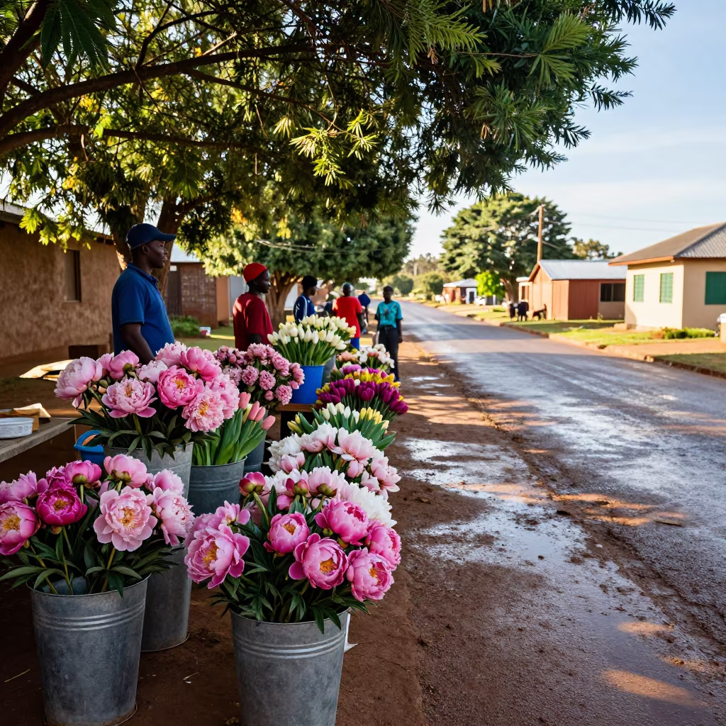 Peonies and Tulips in Manzini Flower Auction in in a village lane near Manzini