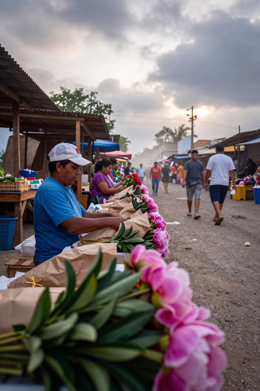 Peony Vendor Wrapping Flowers at Dawn in Cienfuegos in in a flea market lane in Cienfuegos