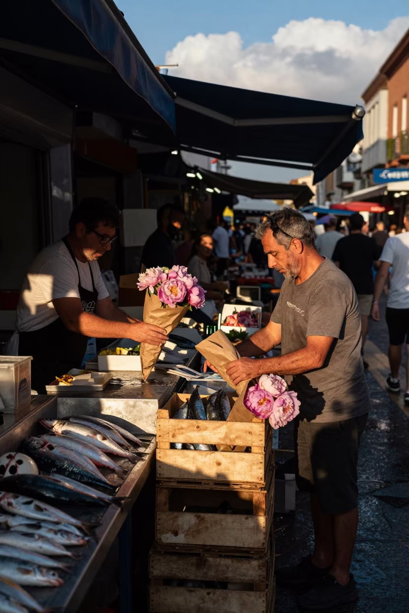 Peony Vendor Wrapping Flowers at Dawn in Valladolid in beside a fish counter in Valladolid