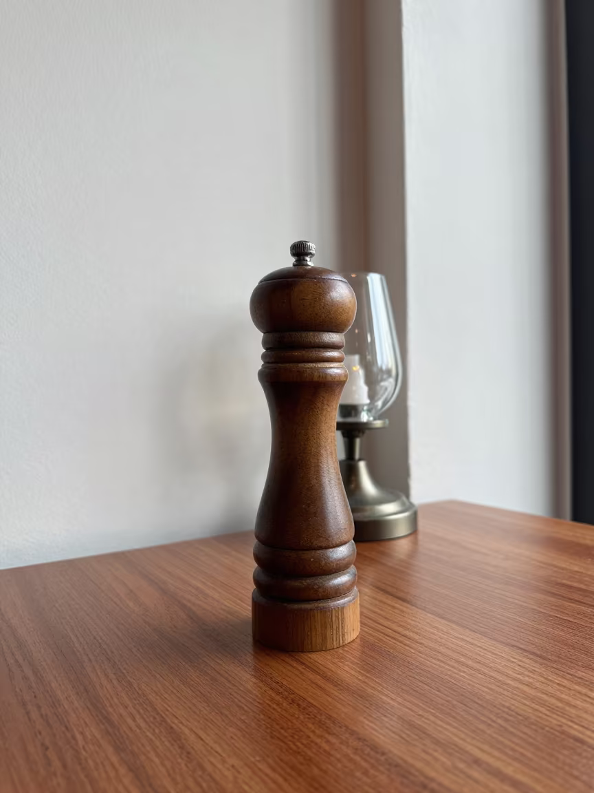 Pepper Mill on Mahogany Table by Istanbul Window in on a cafe table by a window near Istanbul