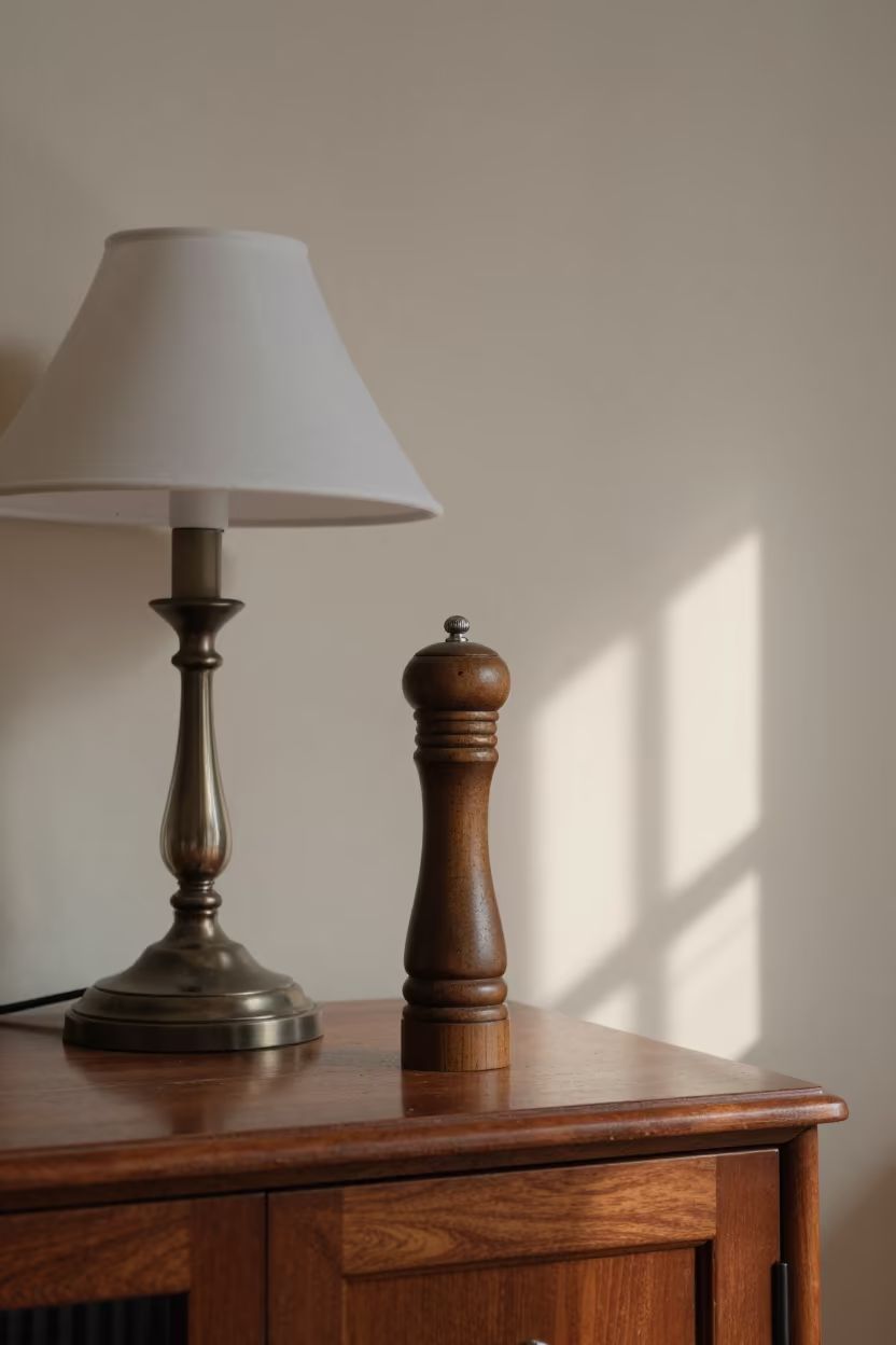 Pepper Mill on Mahogany Table in Tainan Library in on a dusty library table in Tainan