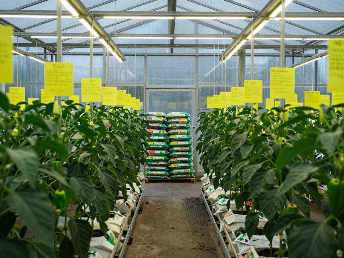 Pepper Plants and Neon Cards in Hiroshima Shed in inside a machine shed with seed bags stacked high near Hiroshima