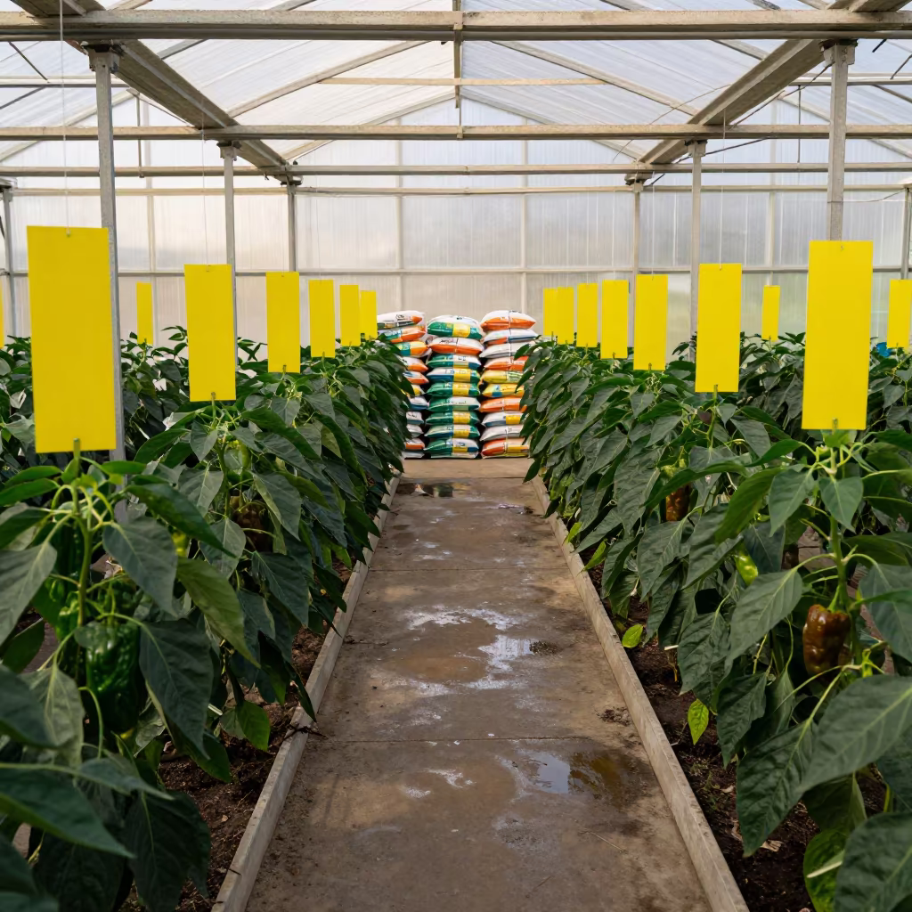 Pepper Plants and Yellow Cards in Valencia Greenhouse in inside a machine shed with seed bags stacked high in Valencia