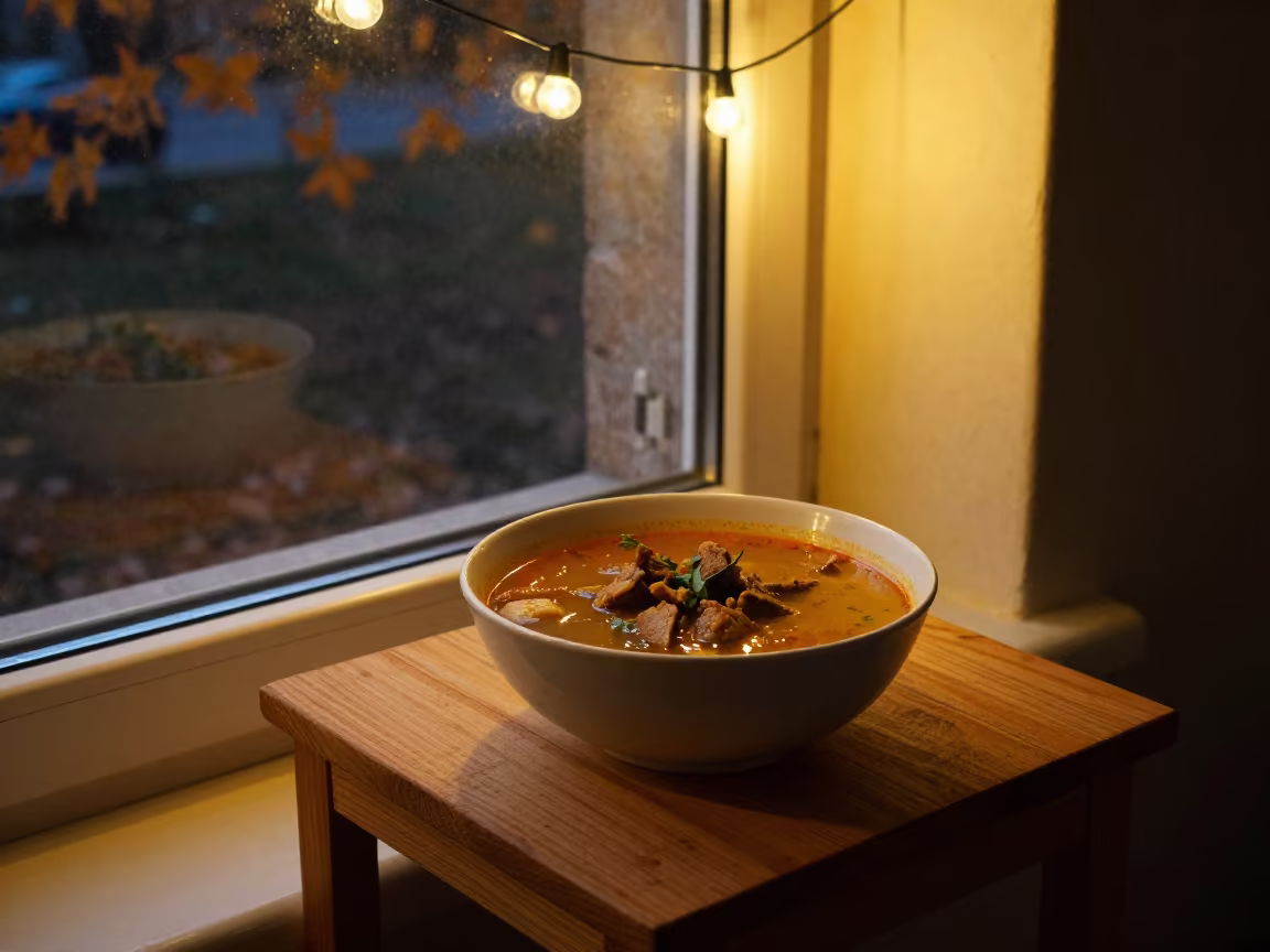 Pepper Soup with Goat Meat in Ekibastuz Window in on a small dining table by a window in Ekibastuz