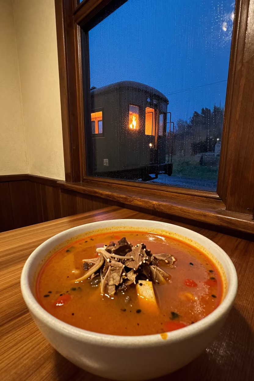 Pepper Soup Goat Meat Window Night Toluca in on a small dining table by a window in Toluca de Lerdo