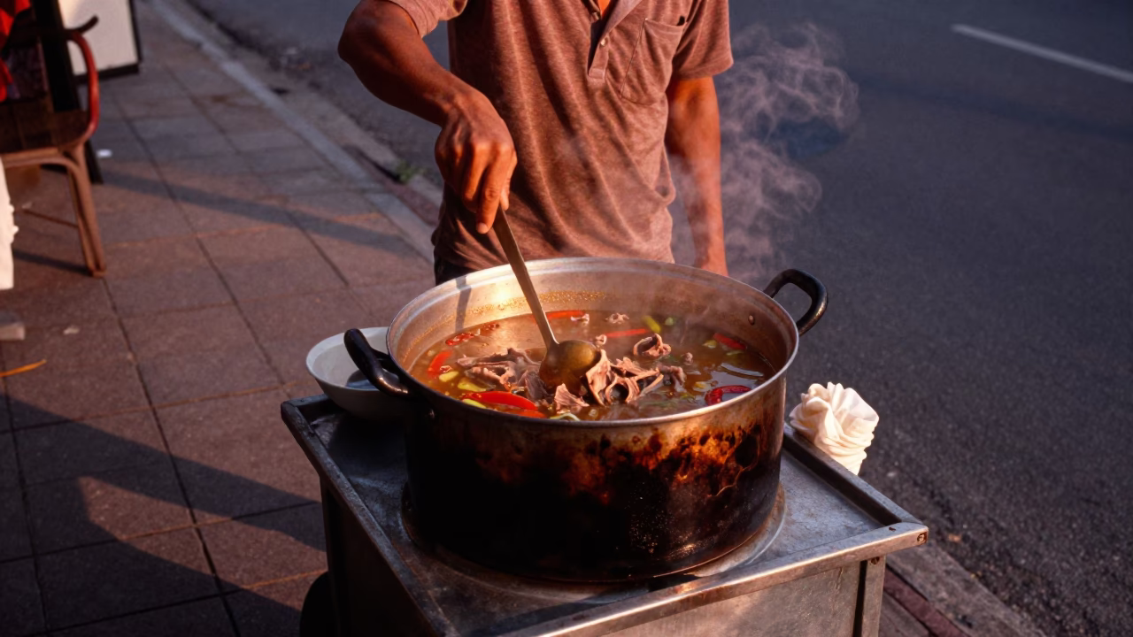 Pepper Soup in Surabaya at Copper-toned Light Before Dusk in in Surabaya, Indonesia