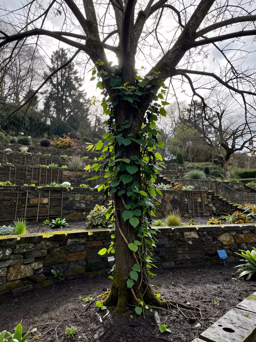 Pepper Vine Climbs Tree in Luxembourg Terraced Garden in among terraced garden plots in Luxembourg