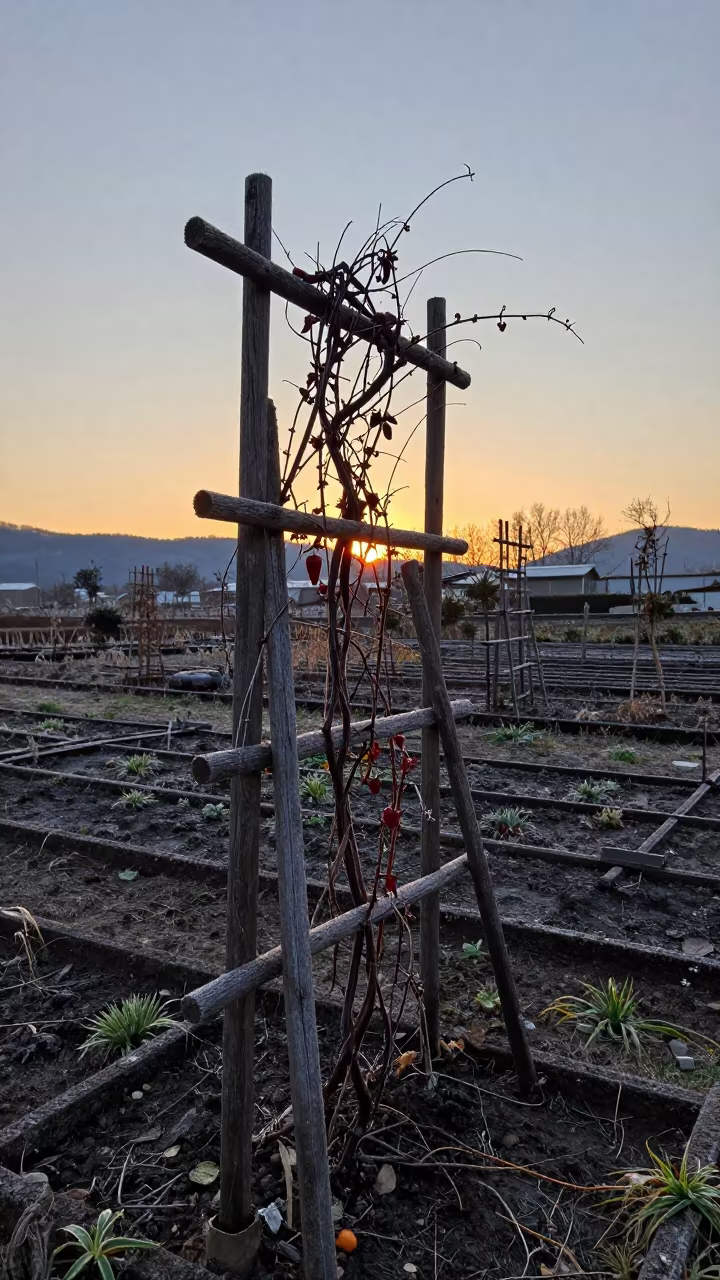 Pepper Vine Silhouette in Evening Winter Light in among terraced garden plots near Sendai