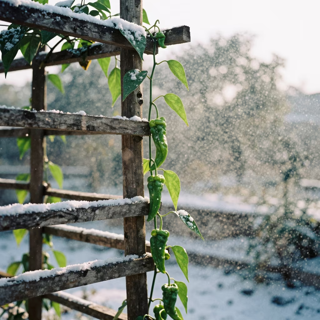 Pepper Vine Trained on Wooden Trellis Amid Snow in in Bihar