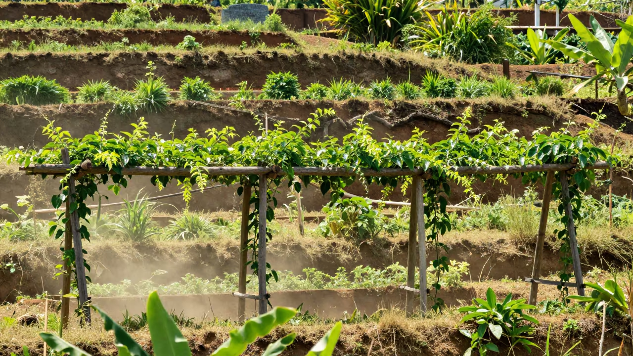 Pepper Vine on Wooden Trellis in Tropical Garden in among terraced garden plots in Indonesia