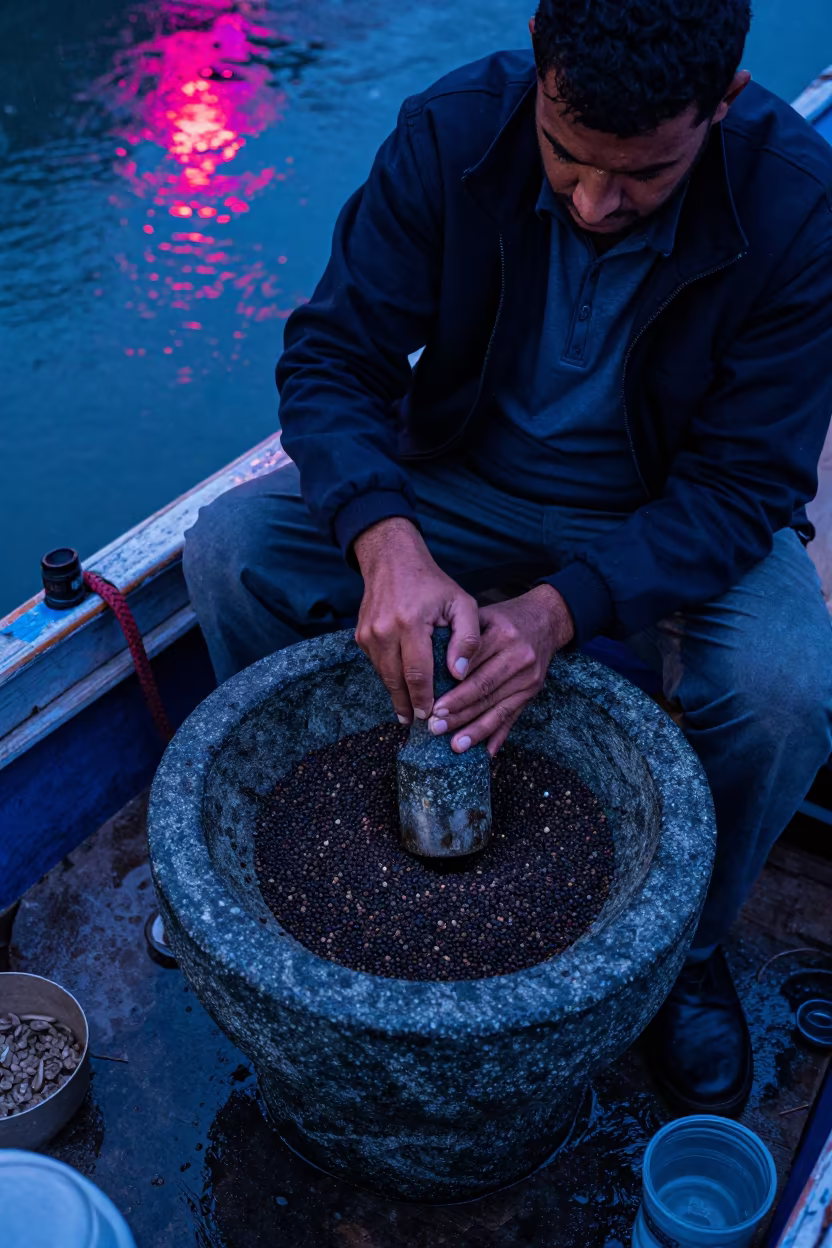 Peppercorn Vendor Grinding in Neon Souk in at a floating market boat in Marrakech