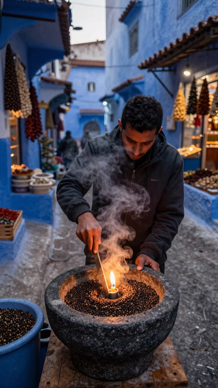 Peppercorns Ground in Stone Mortar at Dawn Souk in in a covered bazaar aisle in Chefchaouen