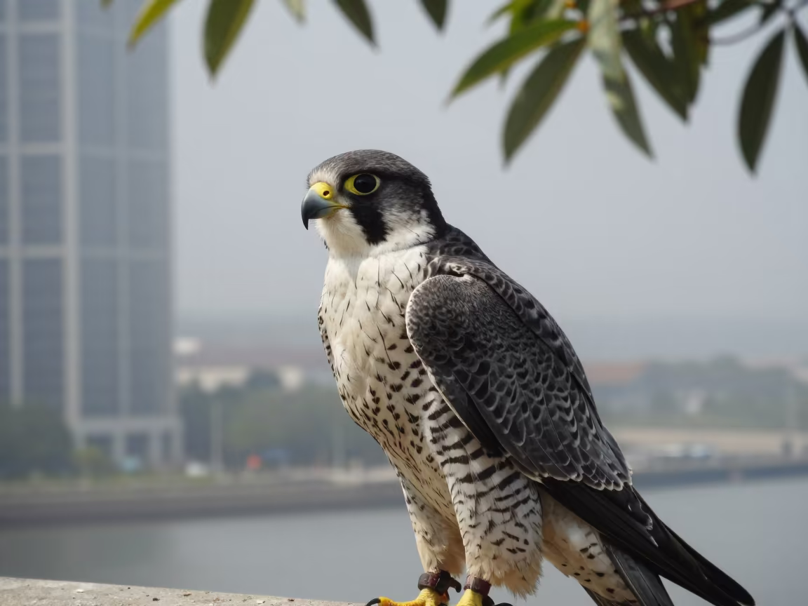 Peregrine Falcon on Skyscraper Ledge Midsummer Mist in beside a tidal inlet near San Lorenzo