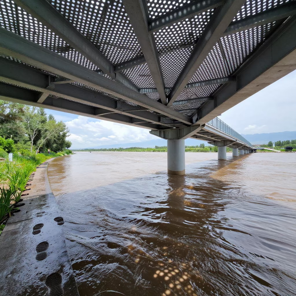 Perforated Metal Overpass Above Floodwaters in along a levee path above floodwater in Xinjiang