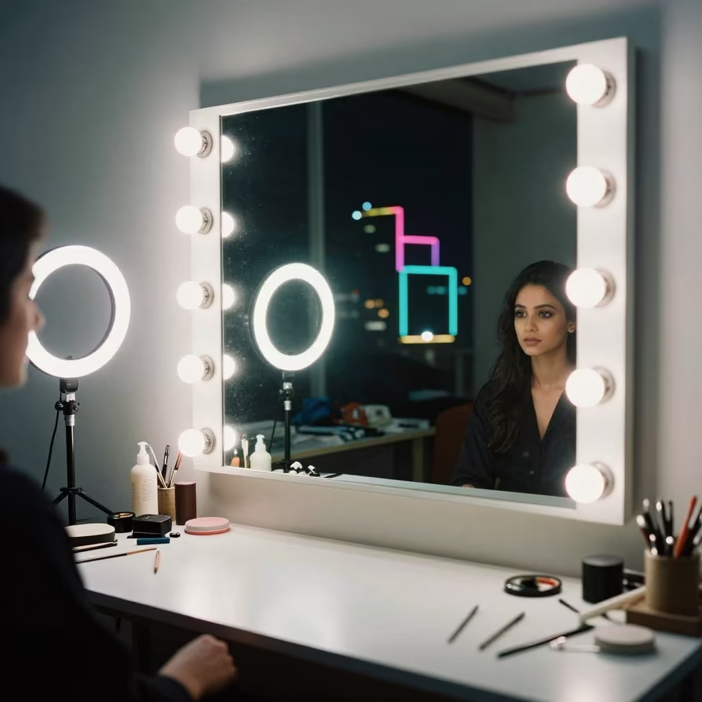 Performer Face Reflected in Atelier Mirror in inside a couture atelier in Vehari