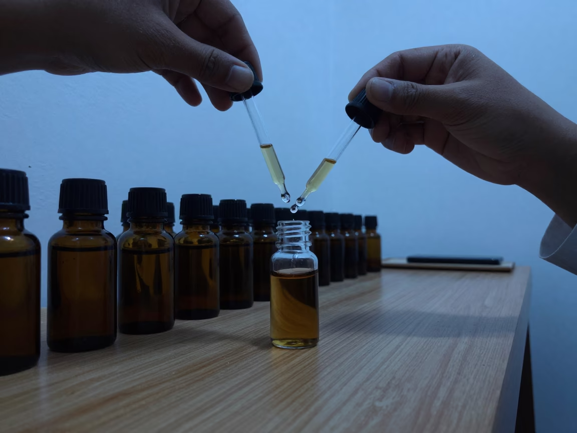 Perfumer Blending Oils at Dusk in Charsadda in on a writing desk in Charsadda