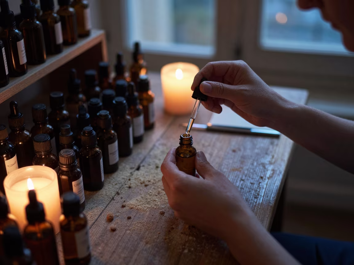 Perfumer Blending Oils at Dusk in Marseille Library in on a dusty library table in Marseille