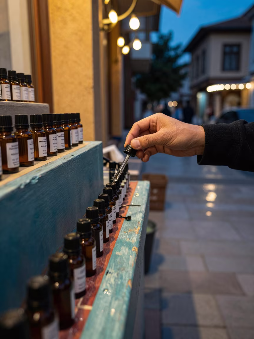 Perfumer Blending Oils at Edirne Dusk in on a painted display ledge near Edirne