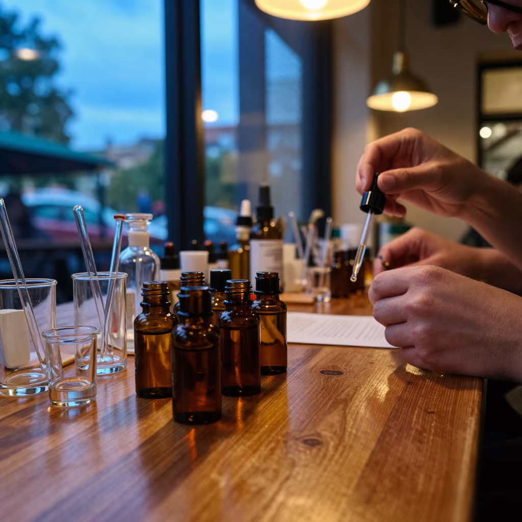 Perfumer Blends Oils at Twilight in Brunswick Cafe in on a cafe table by a window in Brunswick, Melbourne