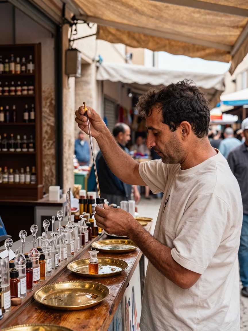 Perfumer Decanting Rose Attar in Fez Souk in at a market stall in Ville Nouvelle, Fez