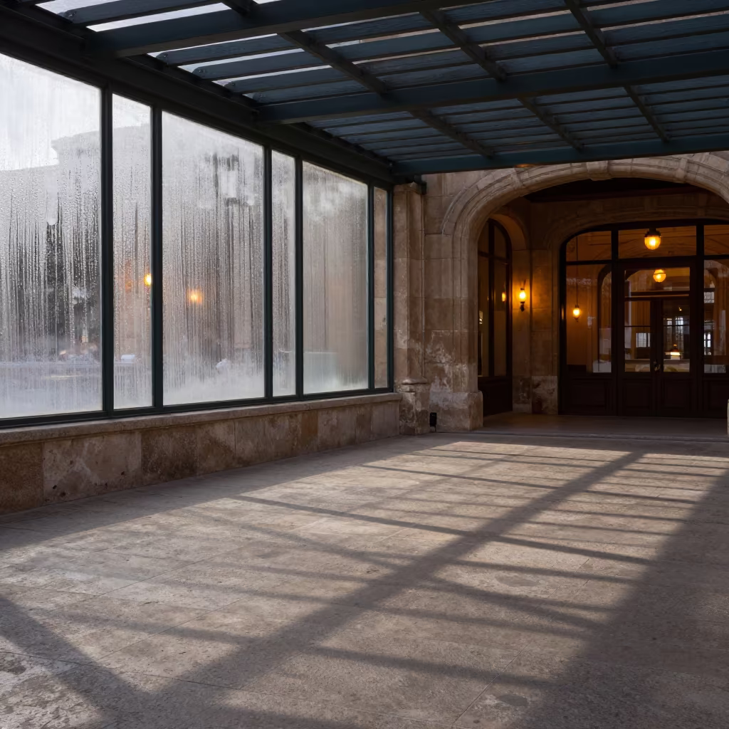 Pergola Shadow Grid on Candlelit Patio in inside a restored train terminal in Palma