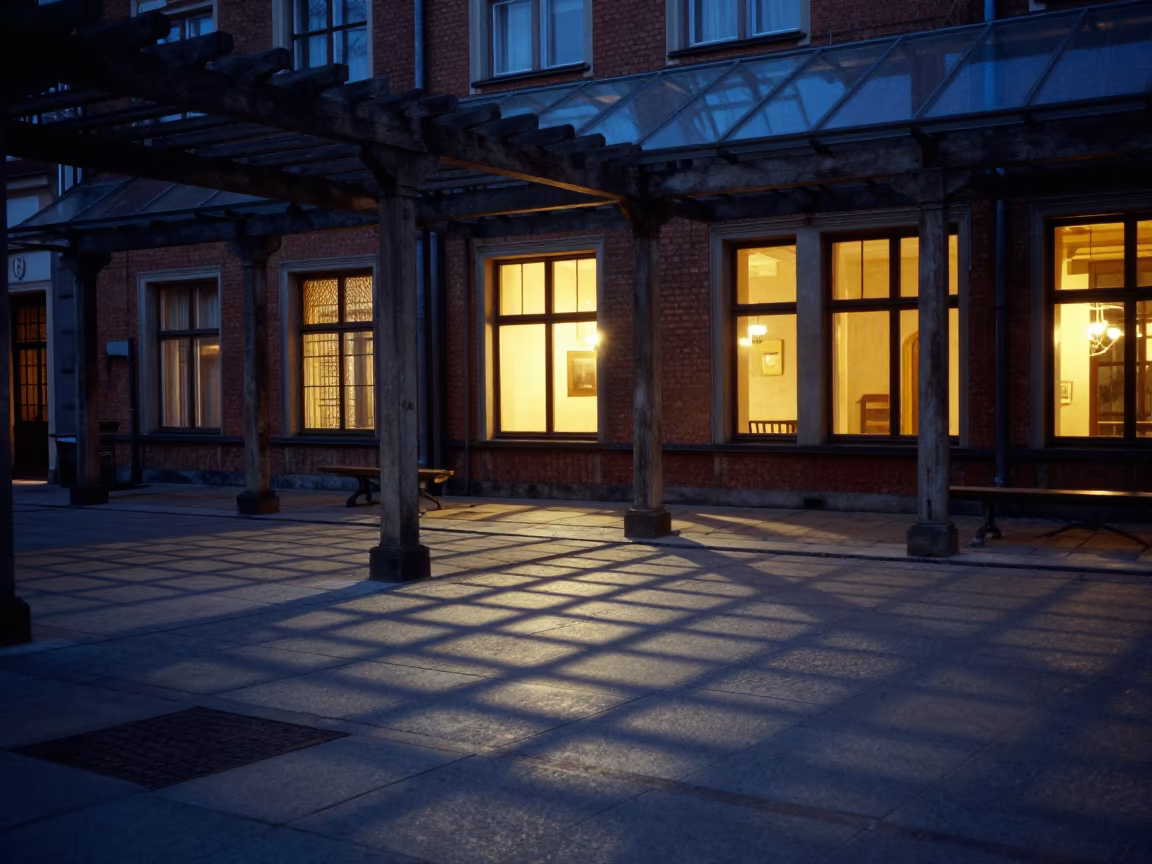 Pergola Shadow Grid on Glass Arcade Patio in inside a glass-roofed arcade near Gdansk