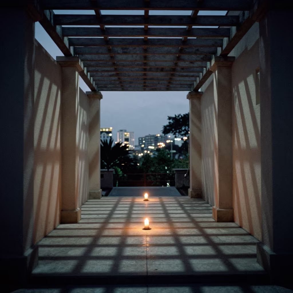 Pergola Shadow Grid on Roseau Atrium Patio in inside a vaulted atrium in Roseau