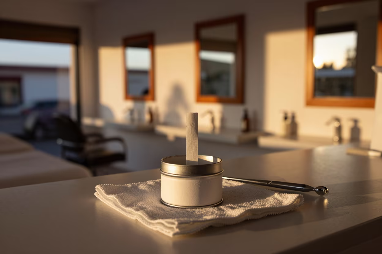 Perm rod refill tin in Arequipa treatment room in inside a skincare treatment room near Arequipa