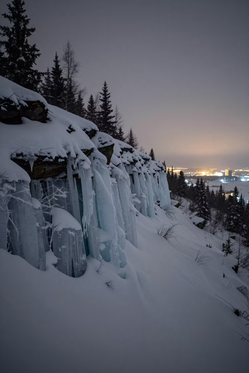 Permafrost Cliff Ice Wedges Silhouetted Against City Lights in in Canada